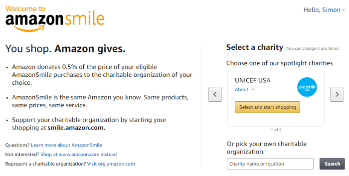 Выбор благотворительности на AmazonSmile
