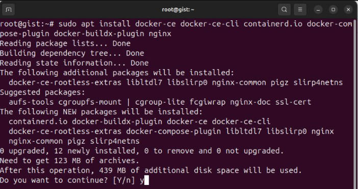 Терминал с процессом установки зависимостей для Opengist.