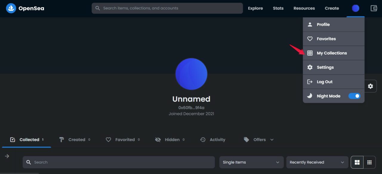 Раздел My Collection в профиле OpenSea
