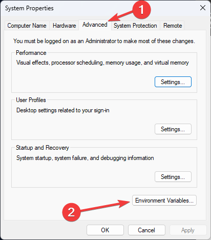 Окно Переменные среды