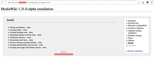 Écran final après installation, lien pour télécharger LocalSettings.php
