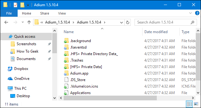Распакованный DMG открыт в Проводнике Windows; файлы доступны для просмотра и редактирования.