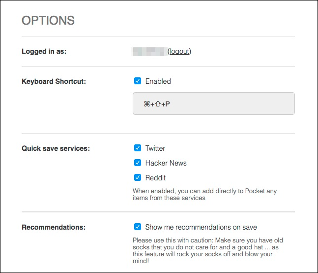 Настройки расширения Pocket: управление сочетаниями клавиш и быстрым сохранением