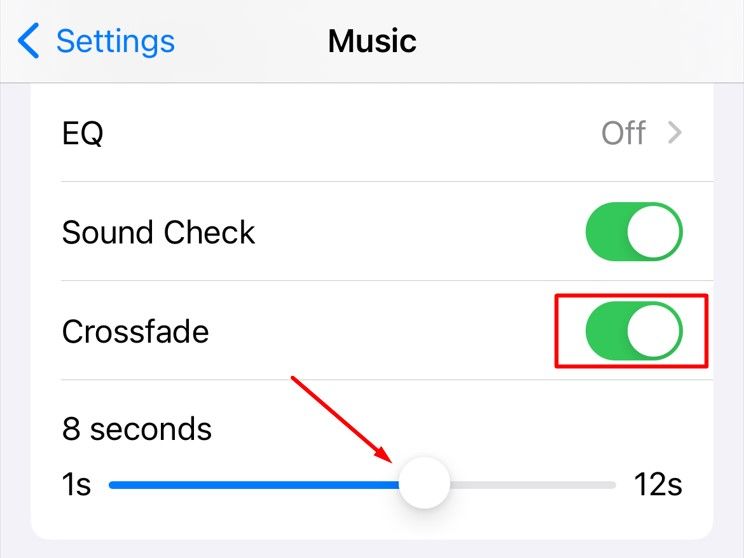Слайдер настройки Crossfade на iPhone.