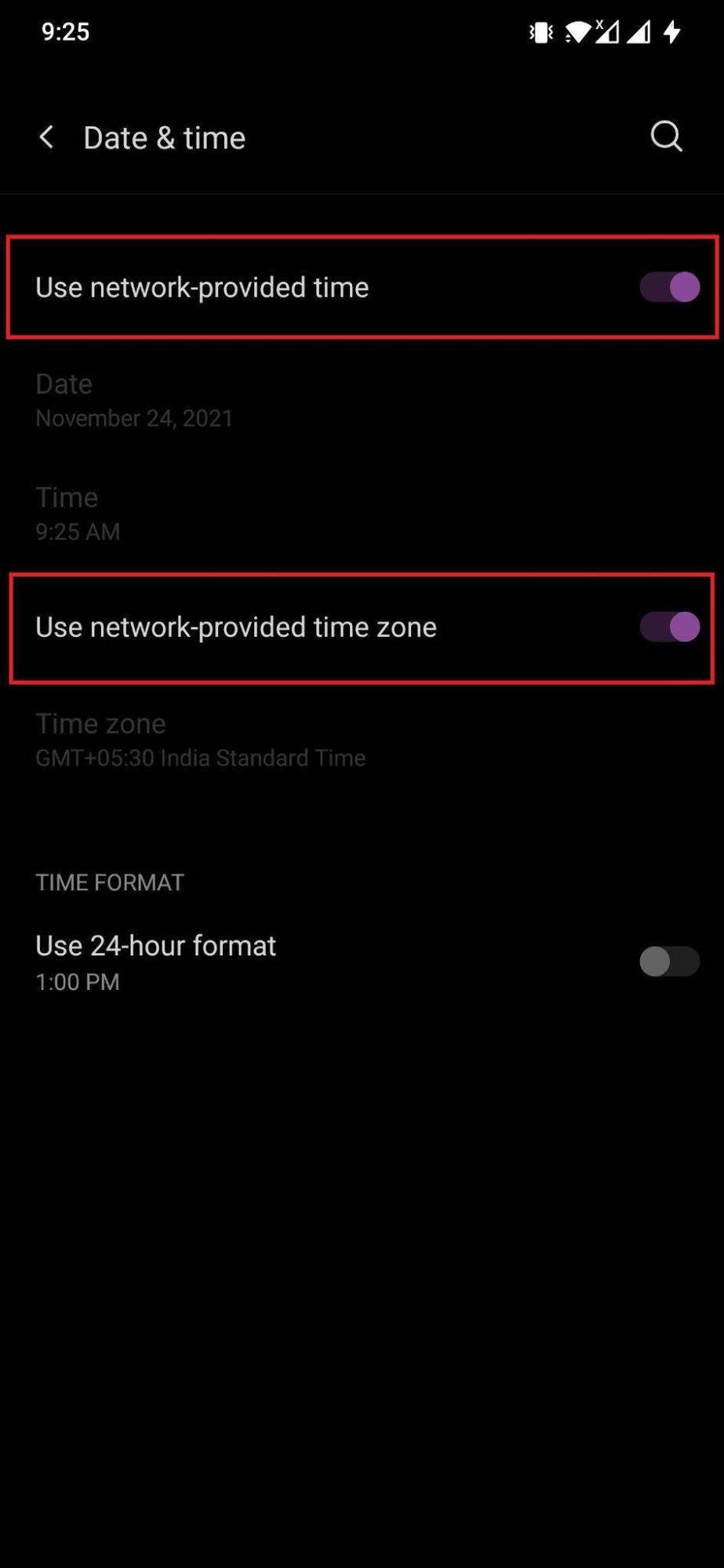 Использовать сетевое время Android
