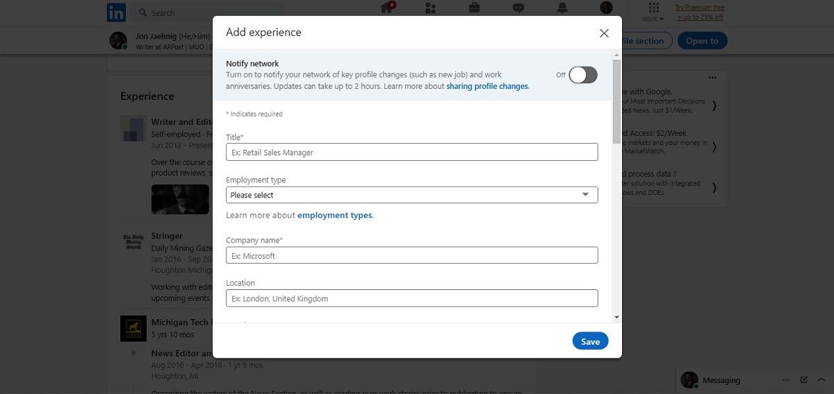 Активация переключателя для уведомления сети о обновлении профиля.