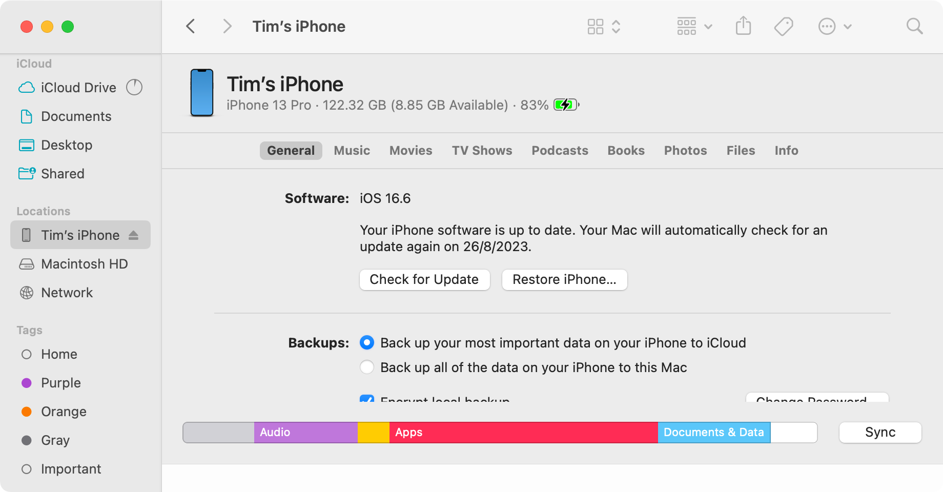 Select your iPhone in macOS Finder