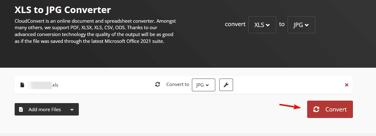 Процесс преобразования XLS в JPG в CloudConvert