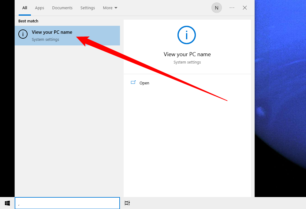 Выберите «View Your PC Name» в результатах поиска