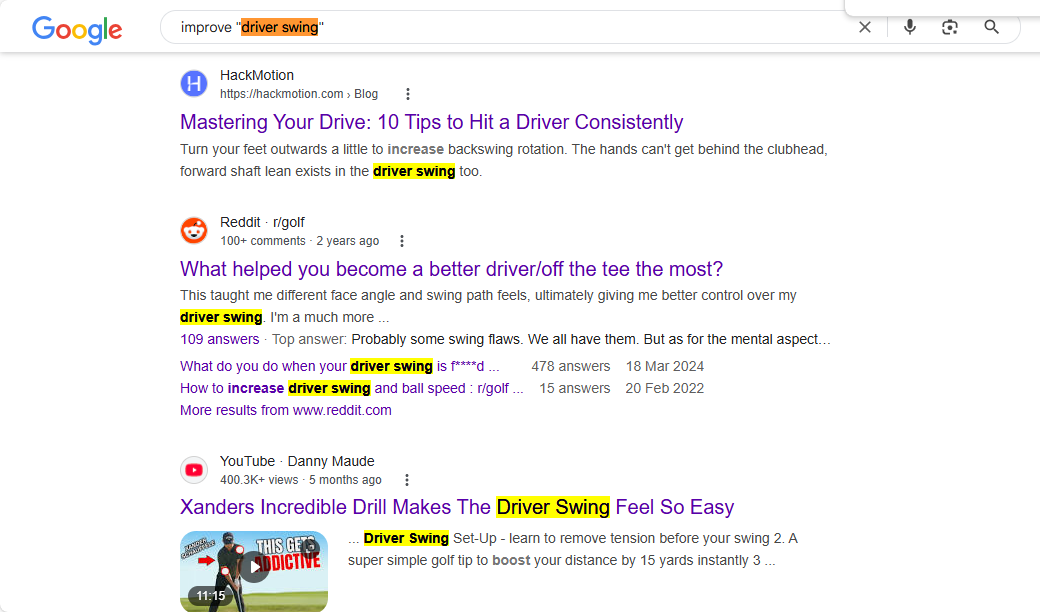 Результат поиска Google при использовании кавычек 'driver swing'