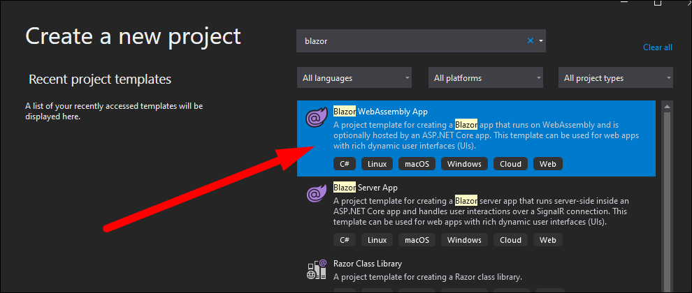 Диалог выбора шаблона проекта Blazor в Visual Studio