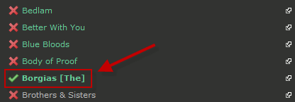 Пример выбора шоу: красная X меняется на зелёную галочку