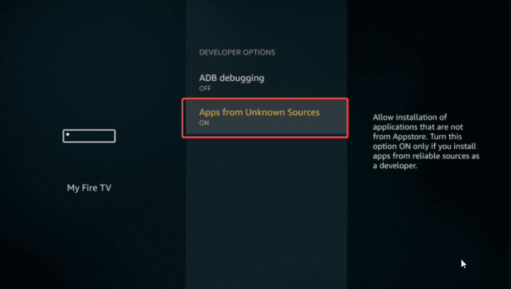 Опция «Приложения из неизвестных источников» в Fire TV