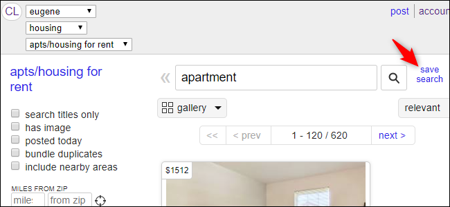 Кнопка сохранить поиск на Craigslist