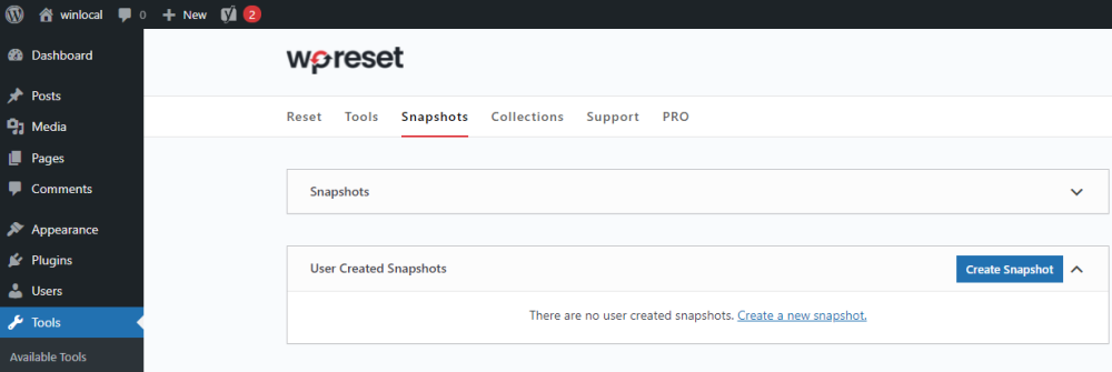 Создание резервного снимка перед сбросом WordPress
