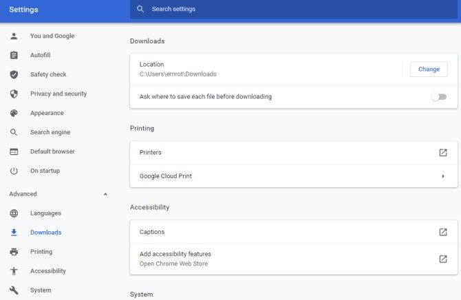 Изменение папки загрузок в Chrome