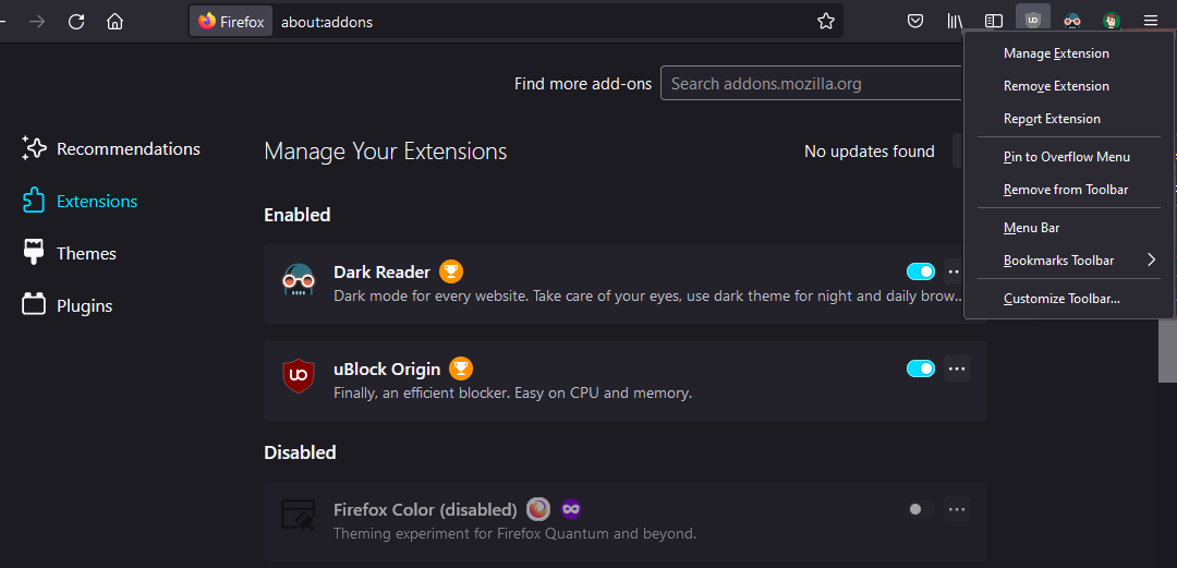 Firefox Extensions Menu