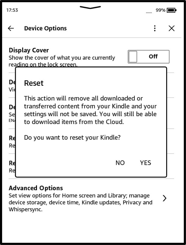Подтверждение сброса на Kindle