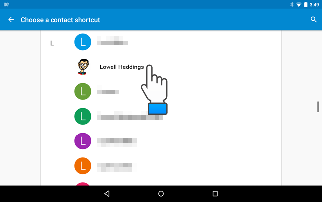 Выбор контакта из списка для создания ярлыка на главный экран