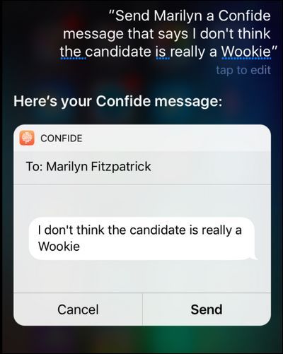Подтверждение отправки сообщения через Confide с помощью Siri