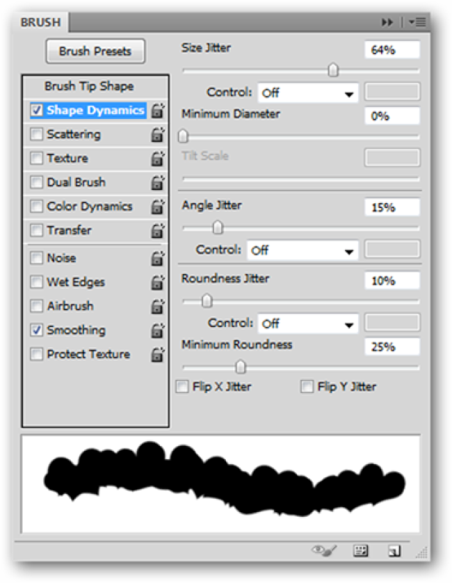 Интерфейс панели кистей с выделенными разделами