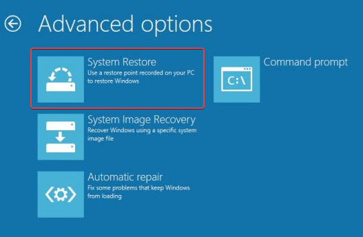 Выбор System Restore в дополнительных параметрах