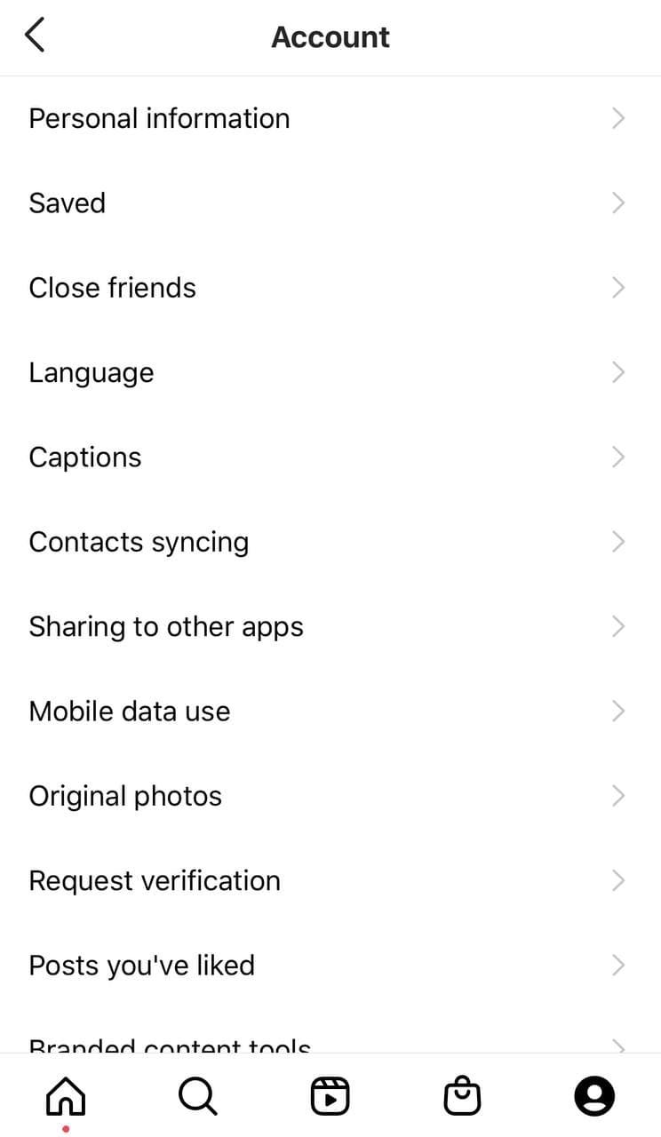Скриншот страницы настроек Instagram на мобильном устройстве