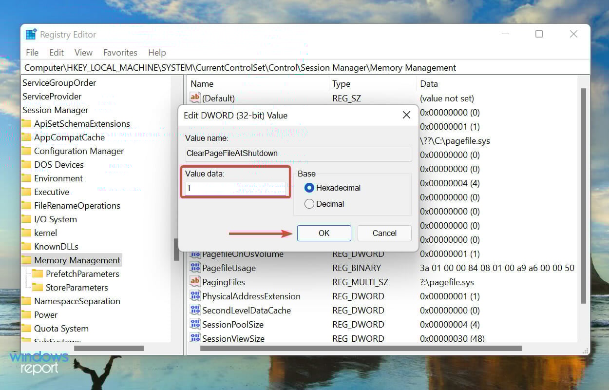 Установите значение 1 для ClearPageFileAtShutdown