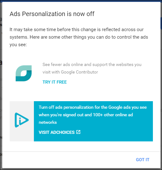 Подсказка после отключения персонализации