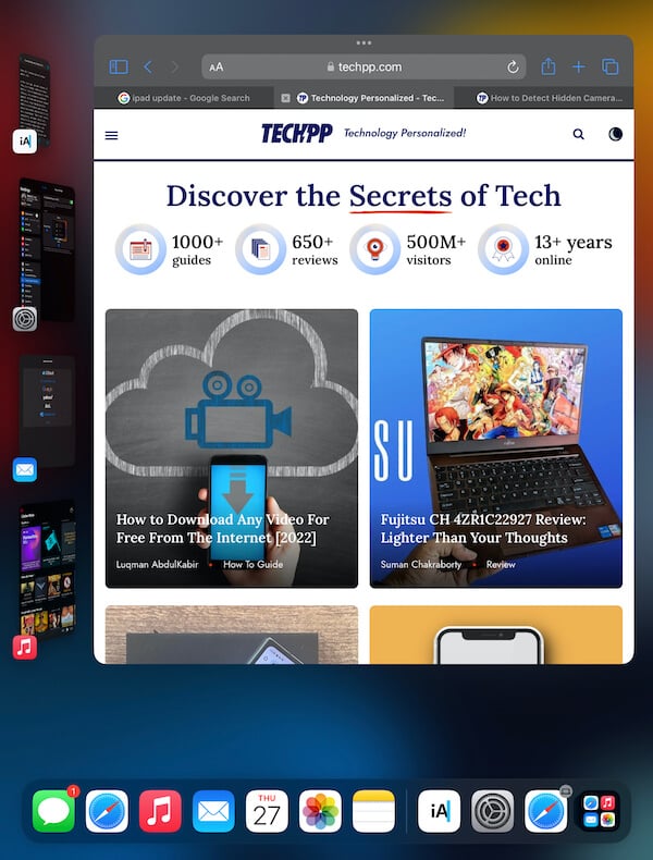 Stage Manager в действии на iPad: центральное приложение и панель миниатюр слева