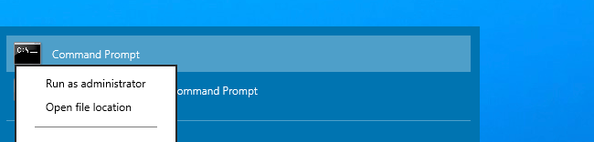 Результат поиска Командной строки в меню Пуск, с подсветкой прав администратора