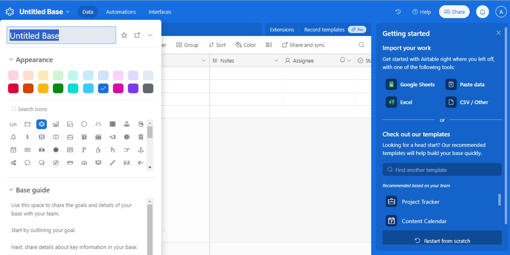 Скриншот Airtable, показывающий как изменить имя и цвет базы
