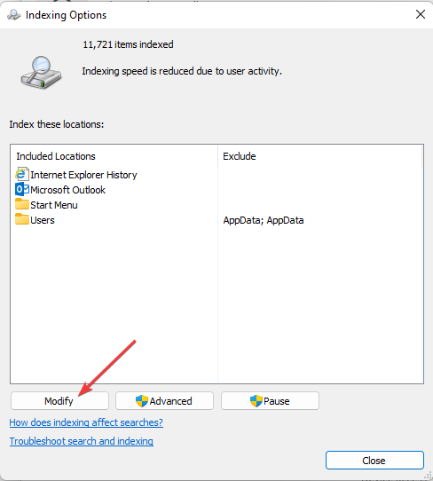 Изменить параметры индексирования
