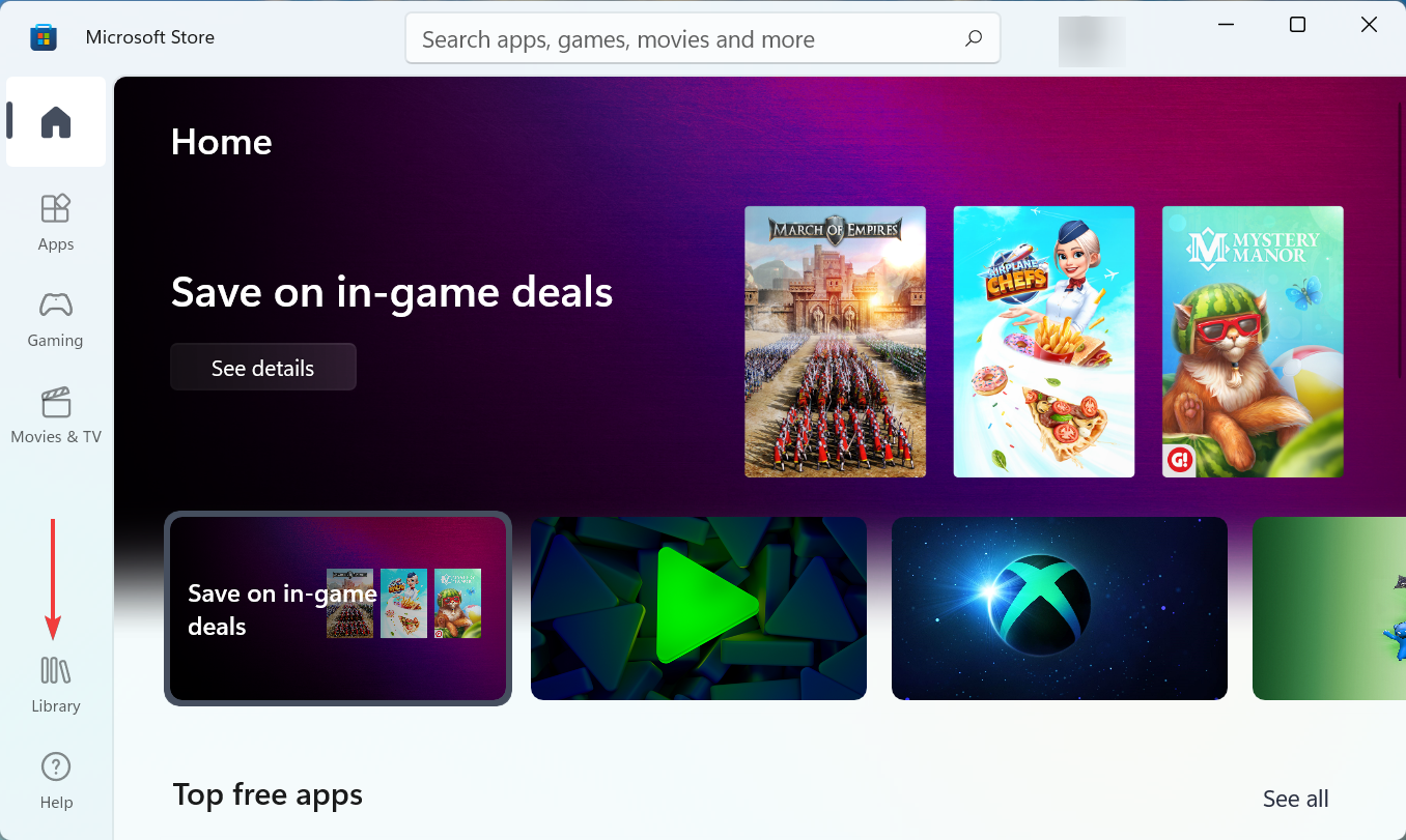 Кнопка Библиотека в Microsoft Store