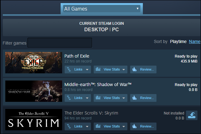 Список игр и кнопки установки в веб‑интерфейсе Steam