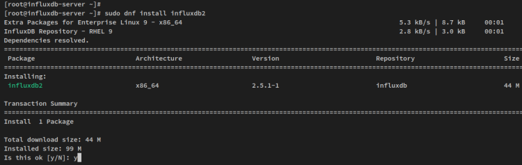 Установка пакета influxdb2 — диалог dnf