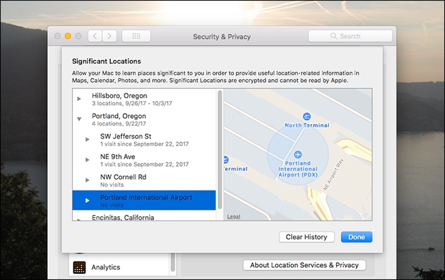 Список значимых мест с опцией Очистить историю