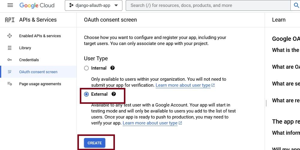Настройка экрана согласия Google