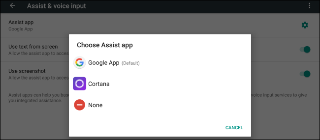 Экран с выбранной Cortana как ассистент по умолчанию