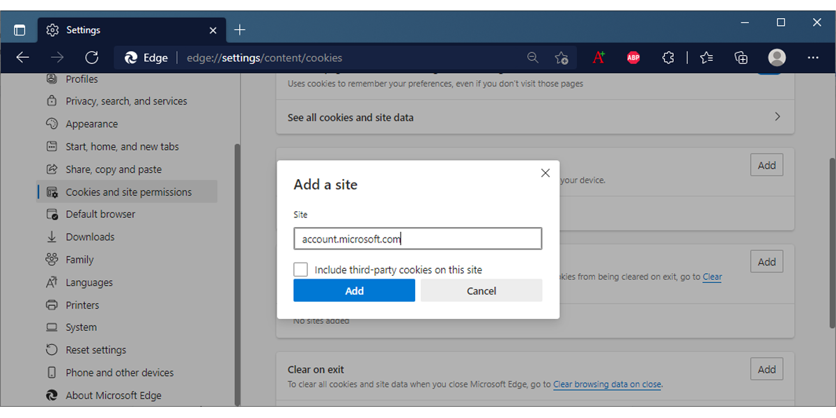Разрешить куки для Microsoft