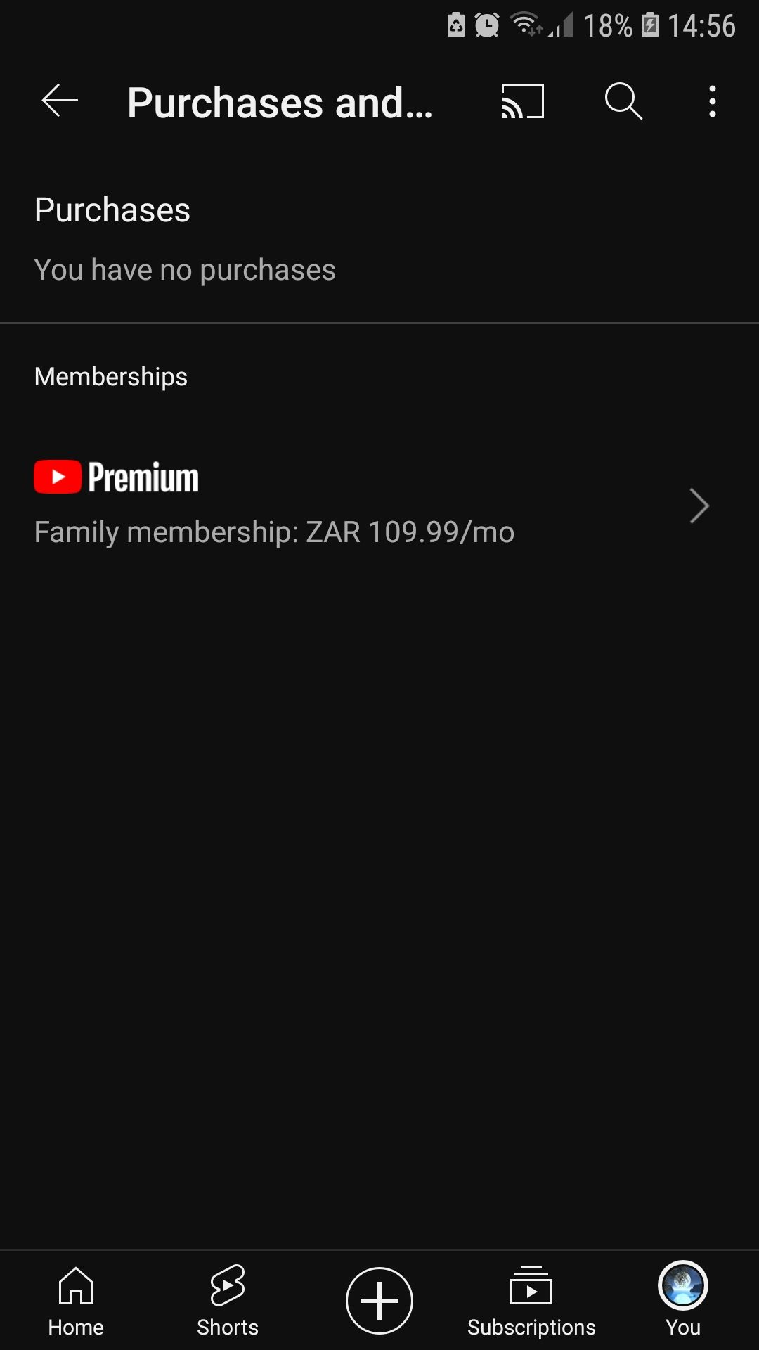 Мобильное приложение YouTube раздел покупки и подписок