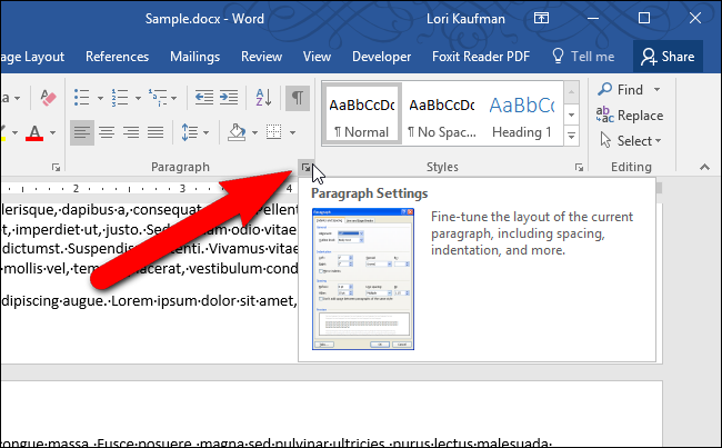Кнопка параметров абзаца на вкладке «Главная» в Word