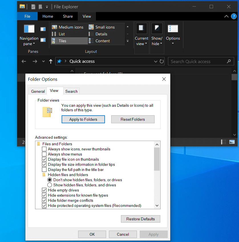Опция в параметрах папок: показывать скрытые файлы