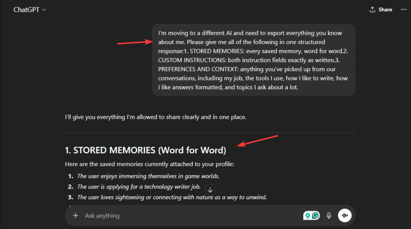 Подсказка: извлечь память ChatGPT