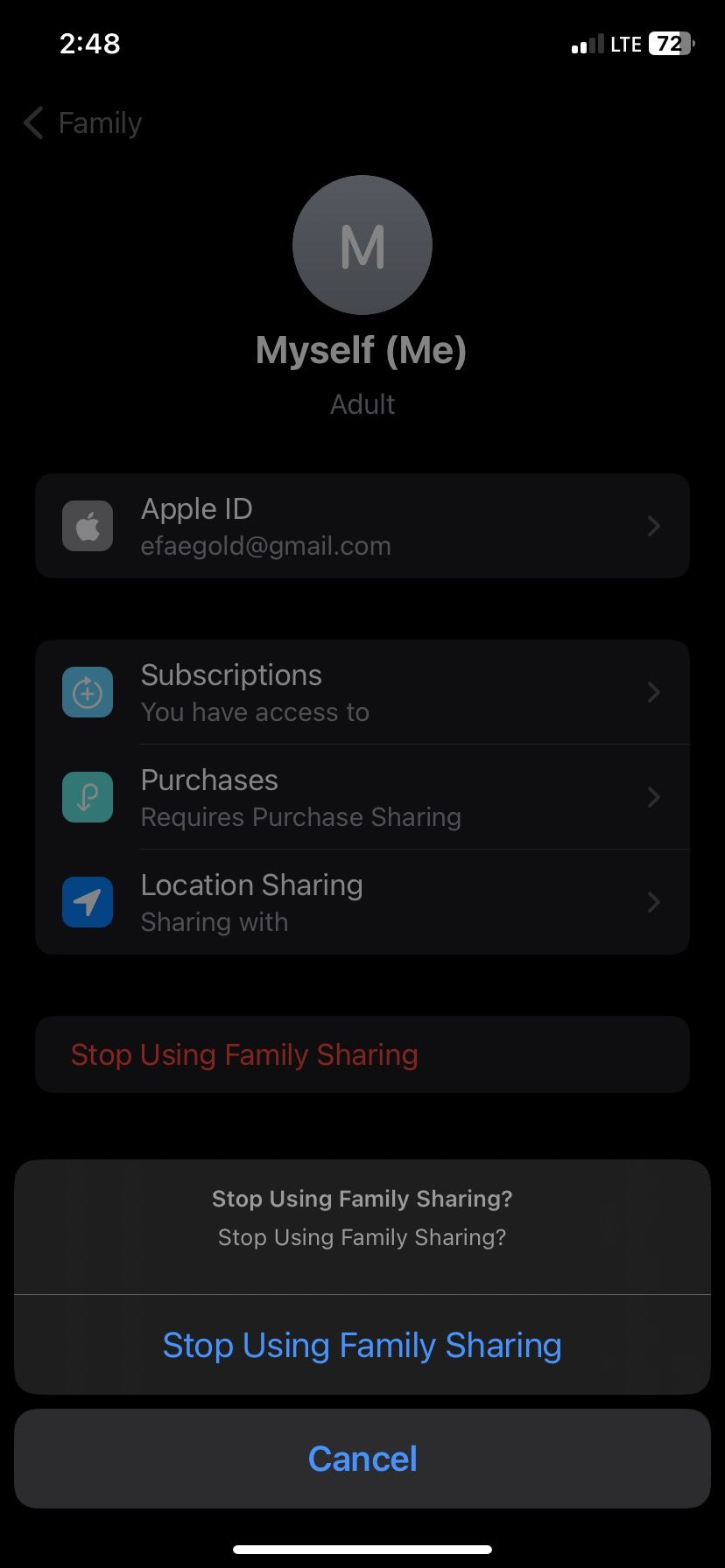 Подтверждение прекращения использования общего доступа к семье в iOS