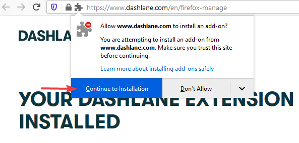 Подтверждение 'Продолжить установку' для Dashlane в Firefox