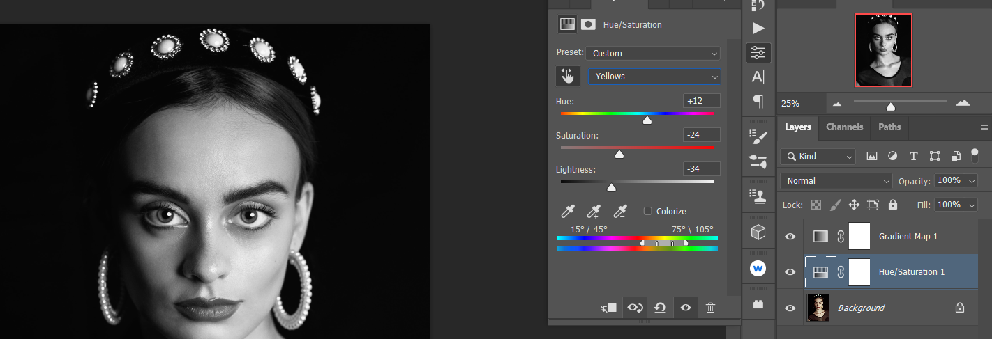 Пример HSL‑значений для красных и жёлтых областей