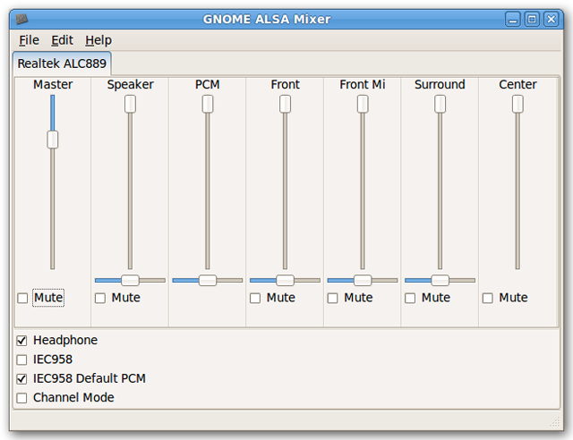 Панели громкости Master и PCM в Gnome ALSA Mixer