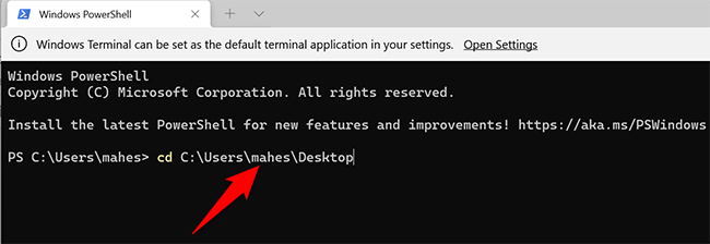 Смена текущей директории на рабочий стол в Windows Terminal