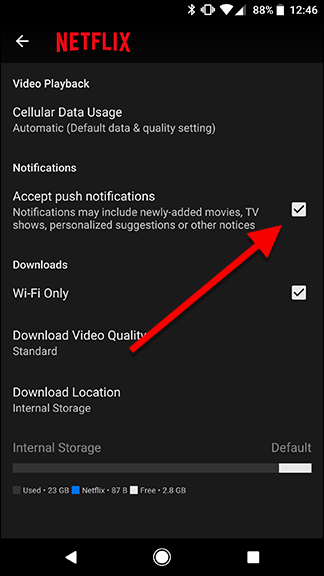 Отключите опцию Принимать push‑уведомления в приложении Netflix